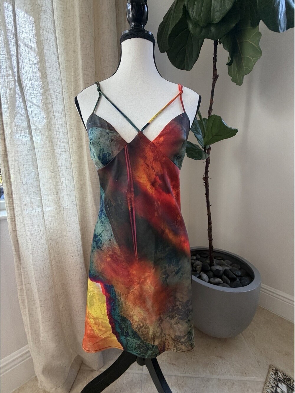 Urban Outfitters Size S Abstract Multicolor Satin Slip Midi Dress Y2K